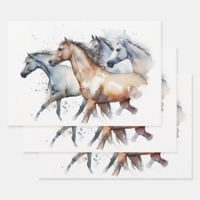 Feuille De Papier Cadeau Chevaux Traversant Watercolor River (Lot)