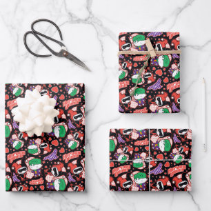 Feuille De Papier Cadeau Chibi Joker et Harley Heart Motif