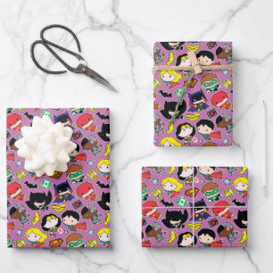 Feuille De Papier Cadeau Chibi Justice League Pattern on Purple