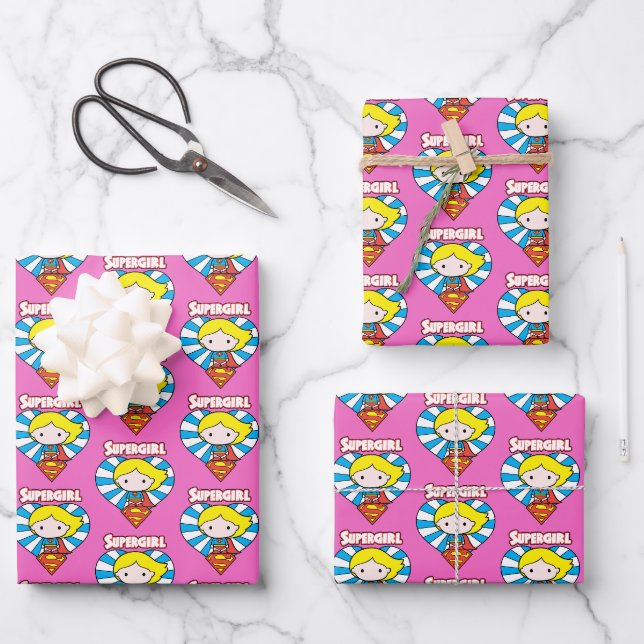 Feuille De Papier Cadeau Chibi Supergirl Starburst Coeur et logo (Recto)