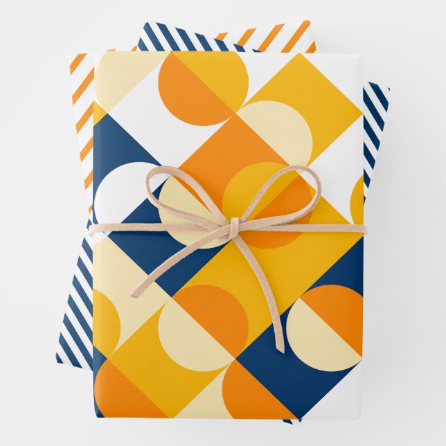Feuille De Papier Cadeau Chic Bleu Bleu Soleil Cercles Jaunes Cercles Art M (En situation)