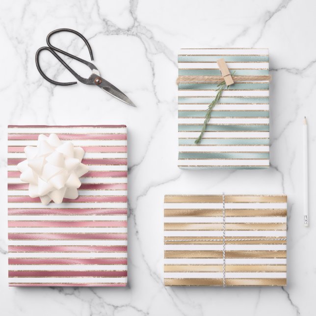 Feuille De Papier Cadeau Chic Glam rose, Menthe, Or, Grandes Blances (Recto)