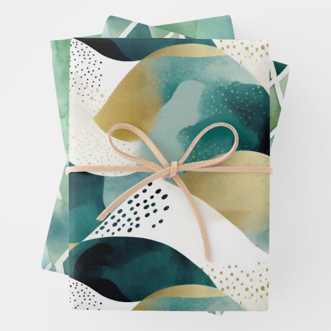 Feuille De Papier Cadeau Chic Gold Green White Abstrait (En situation)