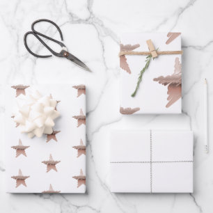 Feuille De Papier Cadeau Chic Noël métal rose or étoile blanche