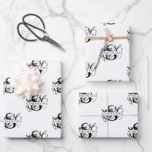 Feuille De Papier Cadeau Chic noir et blanc dévêtu Monogramme de script
