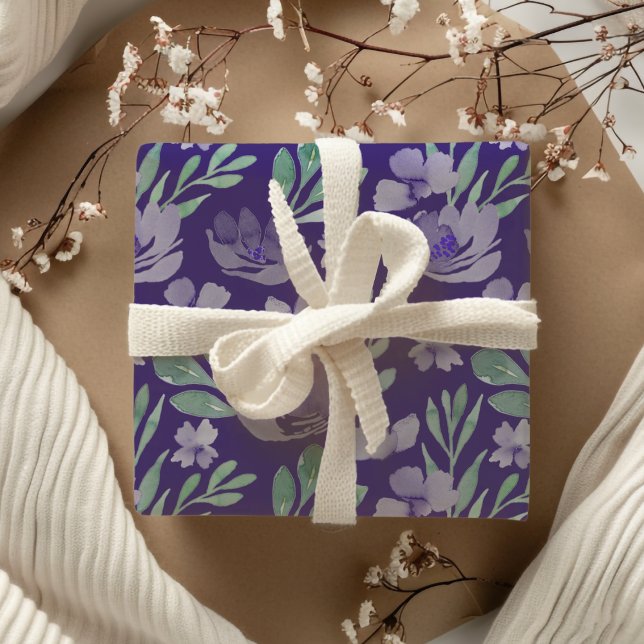 Feuille De Papier Cadeau Chic Purple Floral & Foliage Aquarelle Motif Wr (Créateur téléchargé)