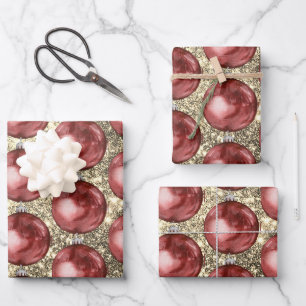 Feuille De Papier Cadeau Chic Rouge boules de Noël or Parties scintillant é