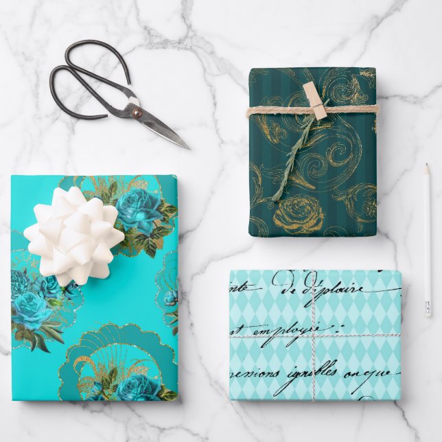 Feuille De Papier Cadeau Chic Turquoise et or (Recto)