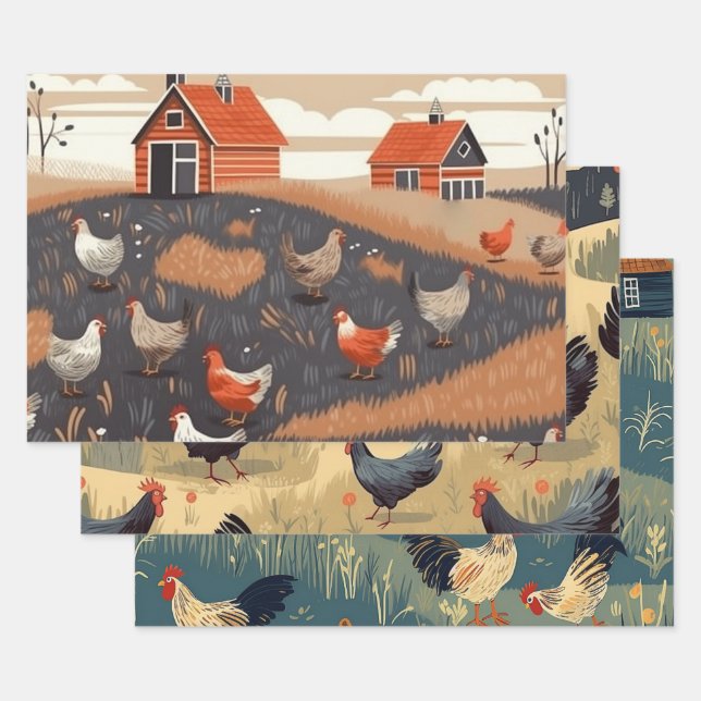 Feuille De Papier Cadeau Chicken Farm (Lot)