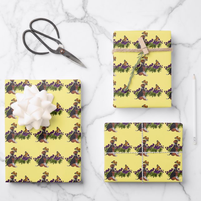 Feuille De Papier Cadeau Chien beagle Chien Et Papillons Animal  (Recto)