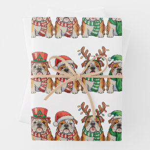 Feuille De Papier Cadeau Chien Bouledogue Anglais Noël Chapeau de Père Noël
