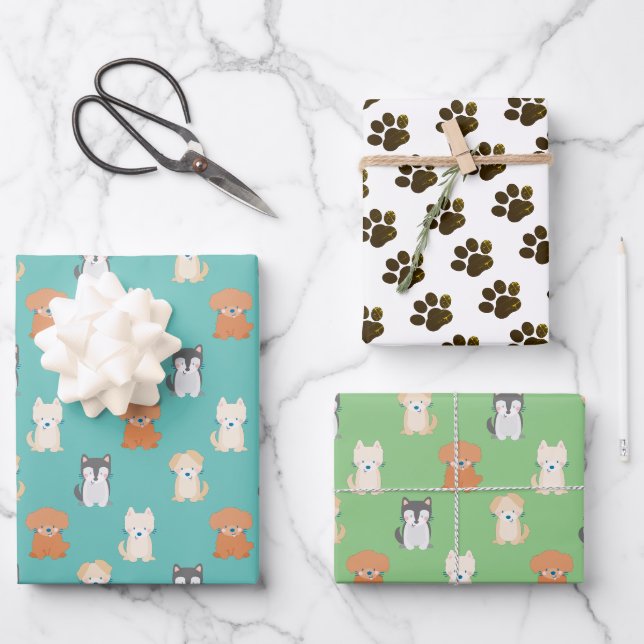 Feuille De Papier Cadeau Chien Chien Motif bleu (Recto)