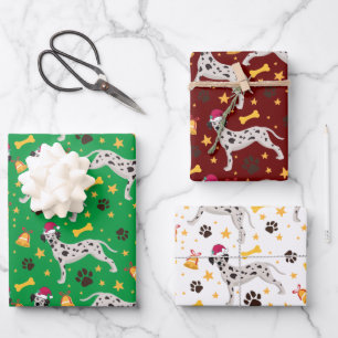 Feuille De Papier Cadeau Chien dalmate avec chapeau de Noël