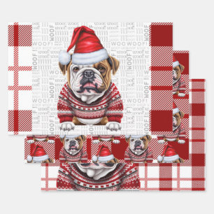 Feuille De Papier Cadeau Chien de Noël Chien Rouge Blanc Plaid