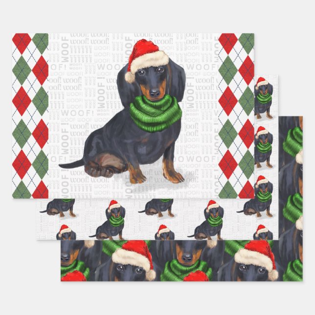 Feuille De Papier Cadeau Chien de Noël Dachshund et Plaid (Lot)