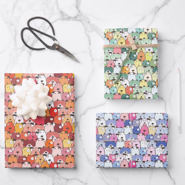 Feuille De Papier Cadeau Chien mignon motif bleu rouge vert (Recto)