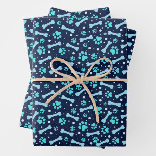 Feuille De Papier Cadeau Chien Personnalisé Anniversaire Bleu Empreinte de 