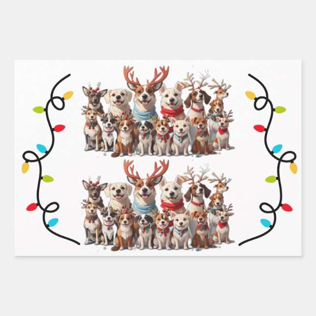Feuille De Papier Cadeau Chiens chiots de Noël mignons (Devant)