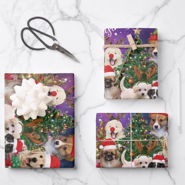Feuille De Papier Cadeau Chiens Joyeux Noël Lumière (Recto)