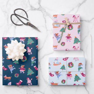 Feuille De Papier Cadeau Chiens mignons patinant Noël bleu rose