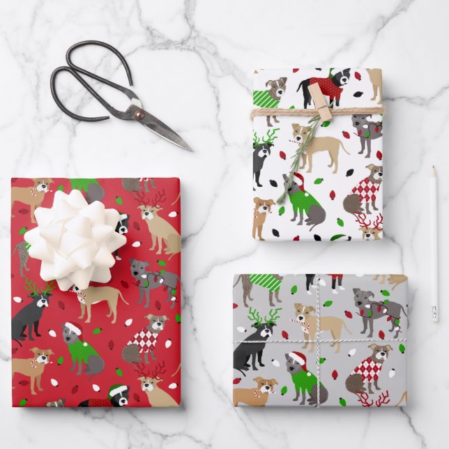Feuille De Papier Cadeau Chiens Pitbull de Noël (Recto)