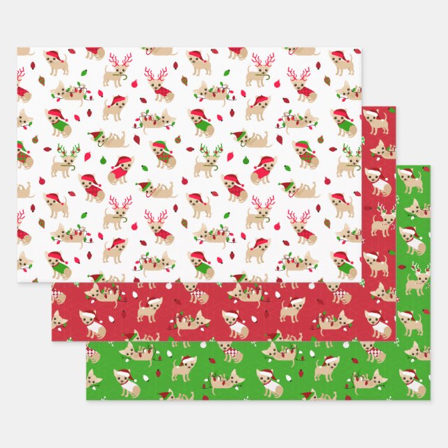 Feuille De Papier Cadeau Chihuahuas de Noël (Lot)