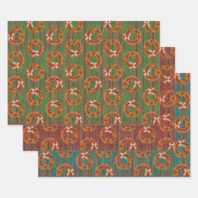 Feuille De Papier Cadeau Chile Pepper Wreaths on Rustic Wood Pattern  (Lot)