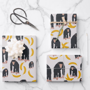Feuille De Papier Cadeau Chimpanzé singe et Motif bananier