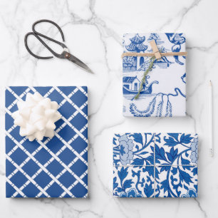Feuille De Papier Cadeau Chinoiserie Chic Bamboo   Bleu et blanc