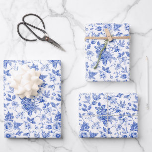 Feuille De Papier Cadeau Chinoiserie minimaliste vintage bleu blanc Fleur