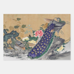 Feuille De Papier Cadeau Chinoiserie Peacock avec Dusty Rose et Faded Blue