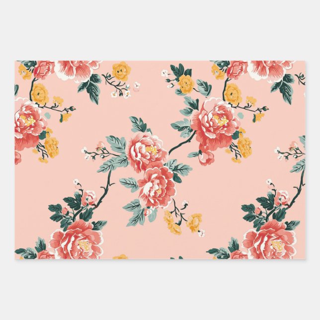 Feuille De Papier Cadeau Chinoiserie rose pâle Floral (Devant)