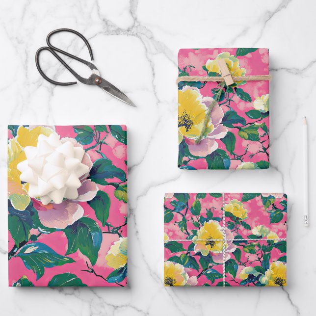 Feuille De Papier Cadeau Chinoiserie rose peint Floral (Recto)