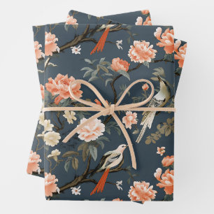 Feuille De Papier Cadeau Chinoiserie sur Denim Blue