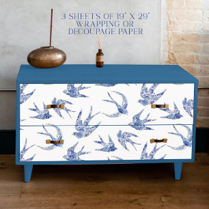 Feuille De Papier Cadeau Chinoiserie Swallow Bird Blue and White Decoupage