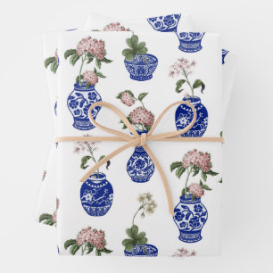 Feuille De Papier Cadeau Chinoiserie vases bleus et fleurs 