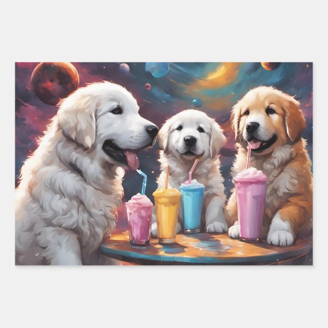 Feuille De Papier Cadeau Chiots mignons Boire Milkshakes (Devant)
