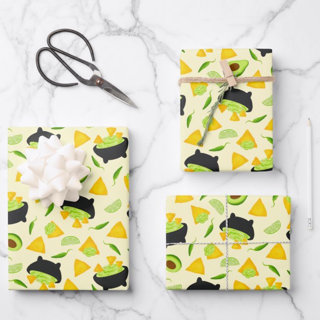 Feuille De Papier Cadeau Chips Tortilla et Motif Guacamole (Recto)