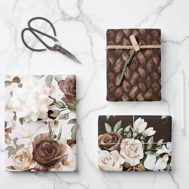 Feuille De Papier Cadeau Chocolat Brown crémeux Fleur Anniversaire (Recto)