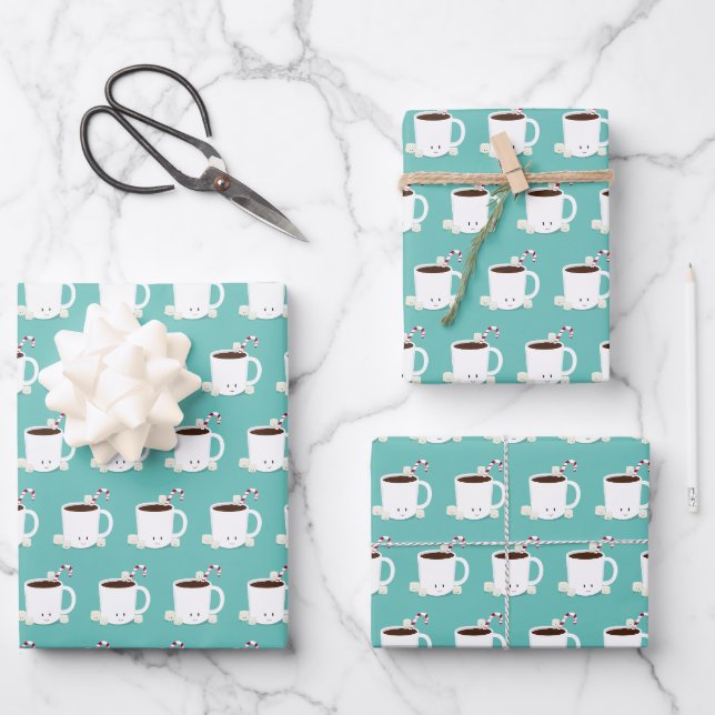 Feuille De Papier Cadeau Chocolat chaud doux Noël Turquoise (Recto)