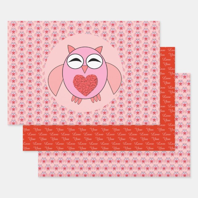 Feuille De Papier Cadeau Chouette de coeur rose personnalisée (Lot)