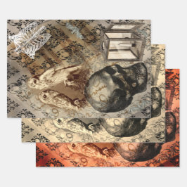 Feuille De Papier Cadeau Chouette d'Halloween et Motif Vintage du crâne