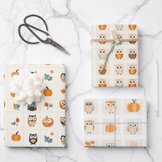 Feuille De Papier Cadeau Chouette mignonne et Citrouille Automne