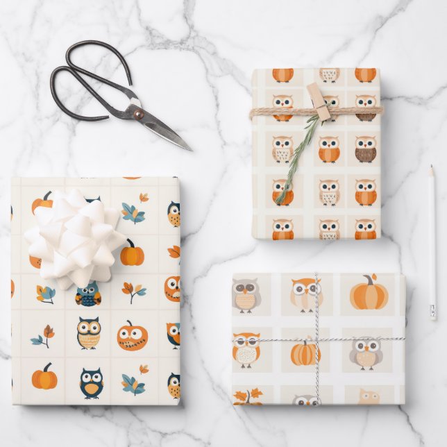 Feuille De Papier Cadeau Chouette mignonne et Citrouille Automne (Recto)