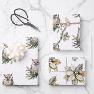 Feuille De Papier Cadeau Chouettes et fleurs rustiques