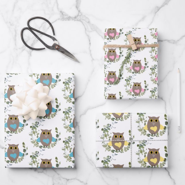 Feuille De Papier Cadeau Chouettes vertes d'Eucalyptus (Recto)