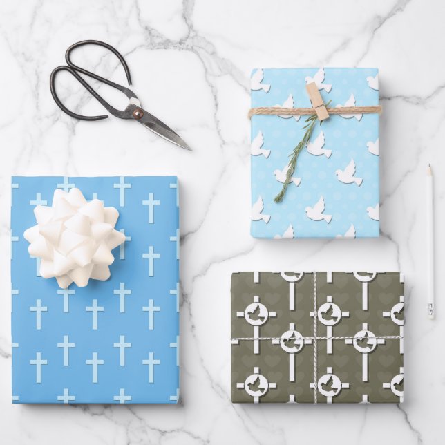 Feuille De Papier Cadeau Christening Blue Cross Dove (Recto)