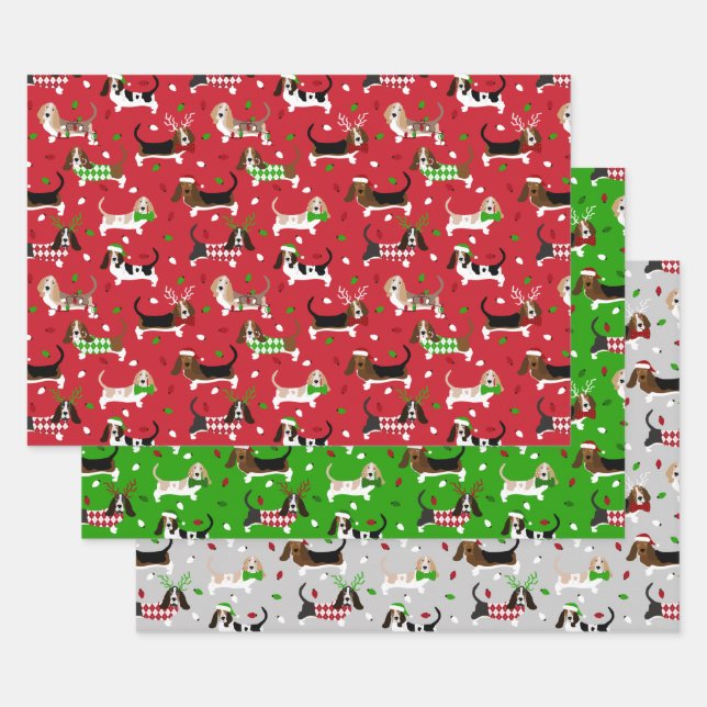 Feuille De Papier Cadeau Christmas Basset Hound (Lot)