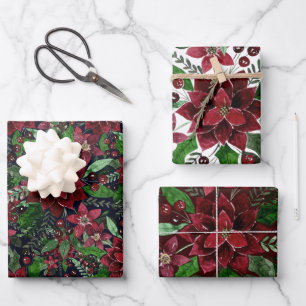 Feuille De Papier Cadeau Christmas Burgundy Poinsettia Flowers Watercolor