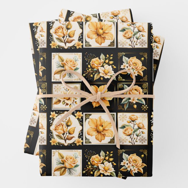 Feuille De Papier Cadeau Christmas Collage with Flowers (En situation)